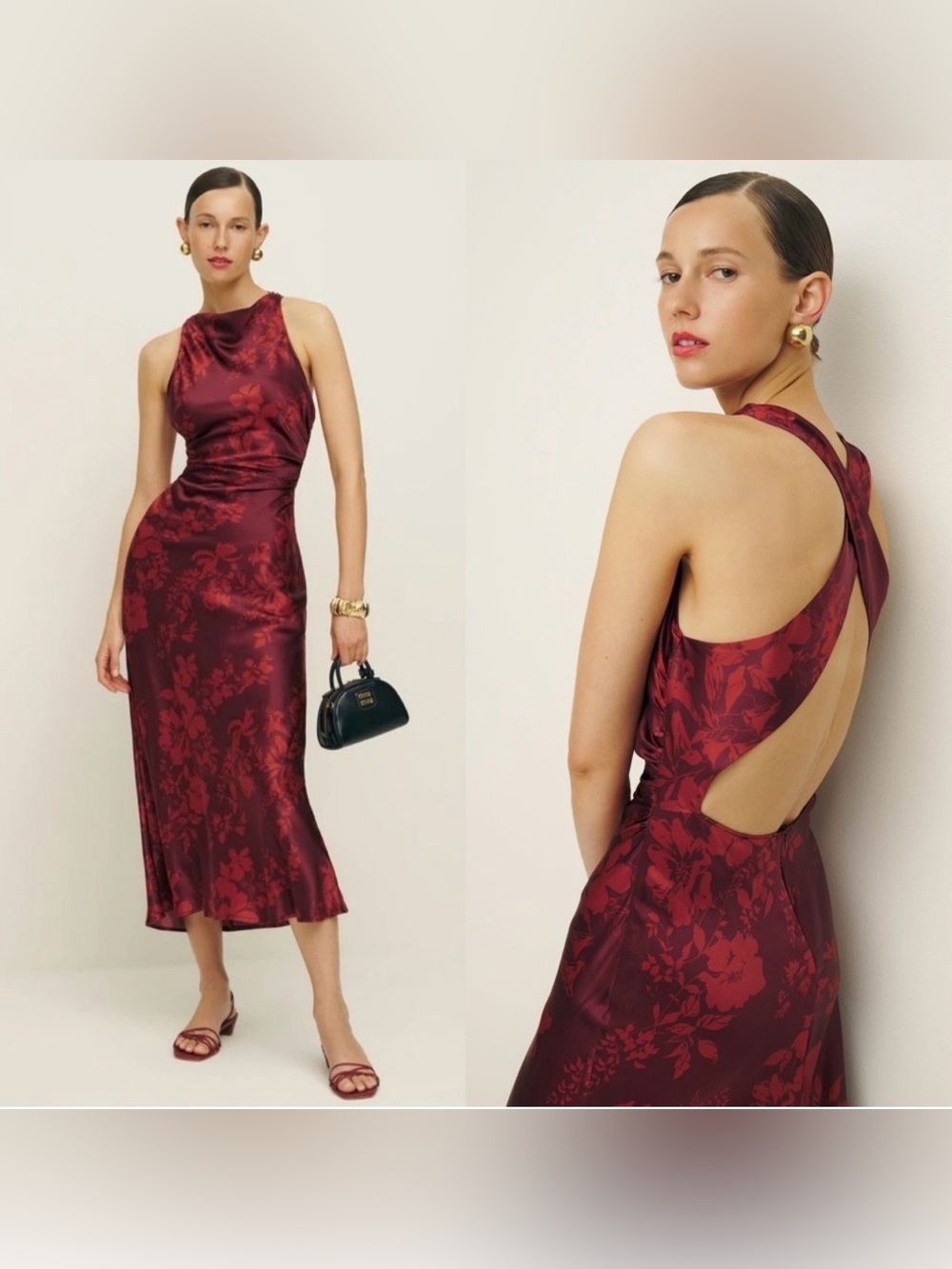 Reformation Casette Silk Midi Dress Satin Red Floral New With Tags Size 2